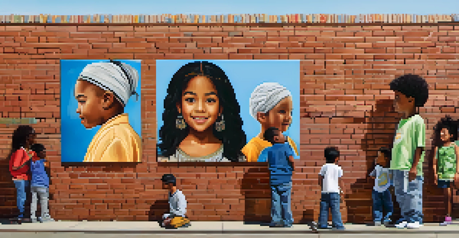 A colorful mural in Compton celebrating cultural diversity, with children admiring the artwork.