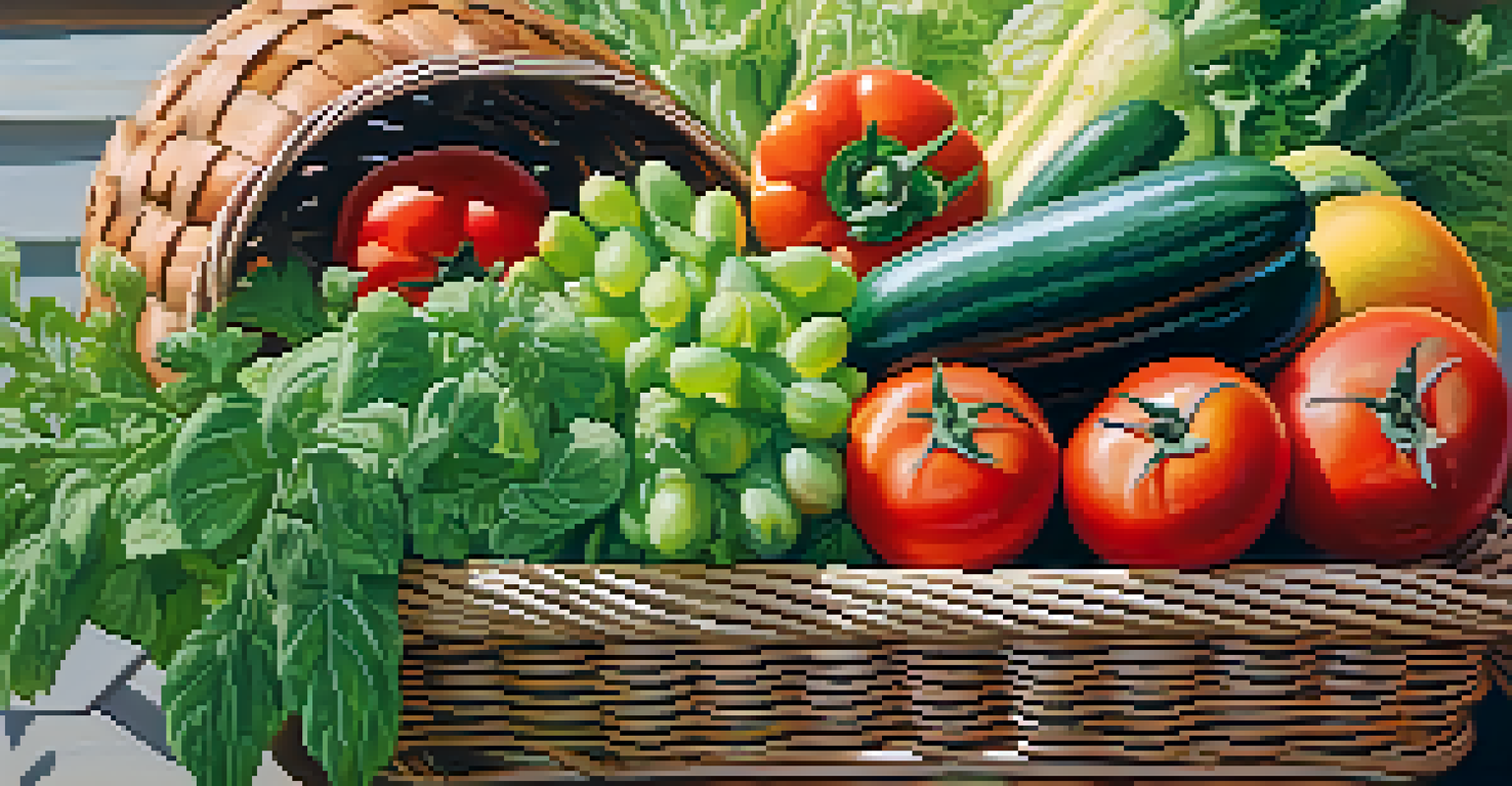 A close-up of a basket filled with fresh vegetables and fruits from an urban farm, showcasing vibrant colors against a softly blurred garden background.