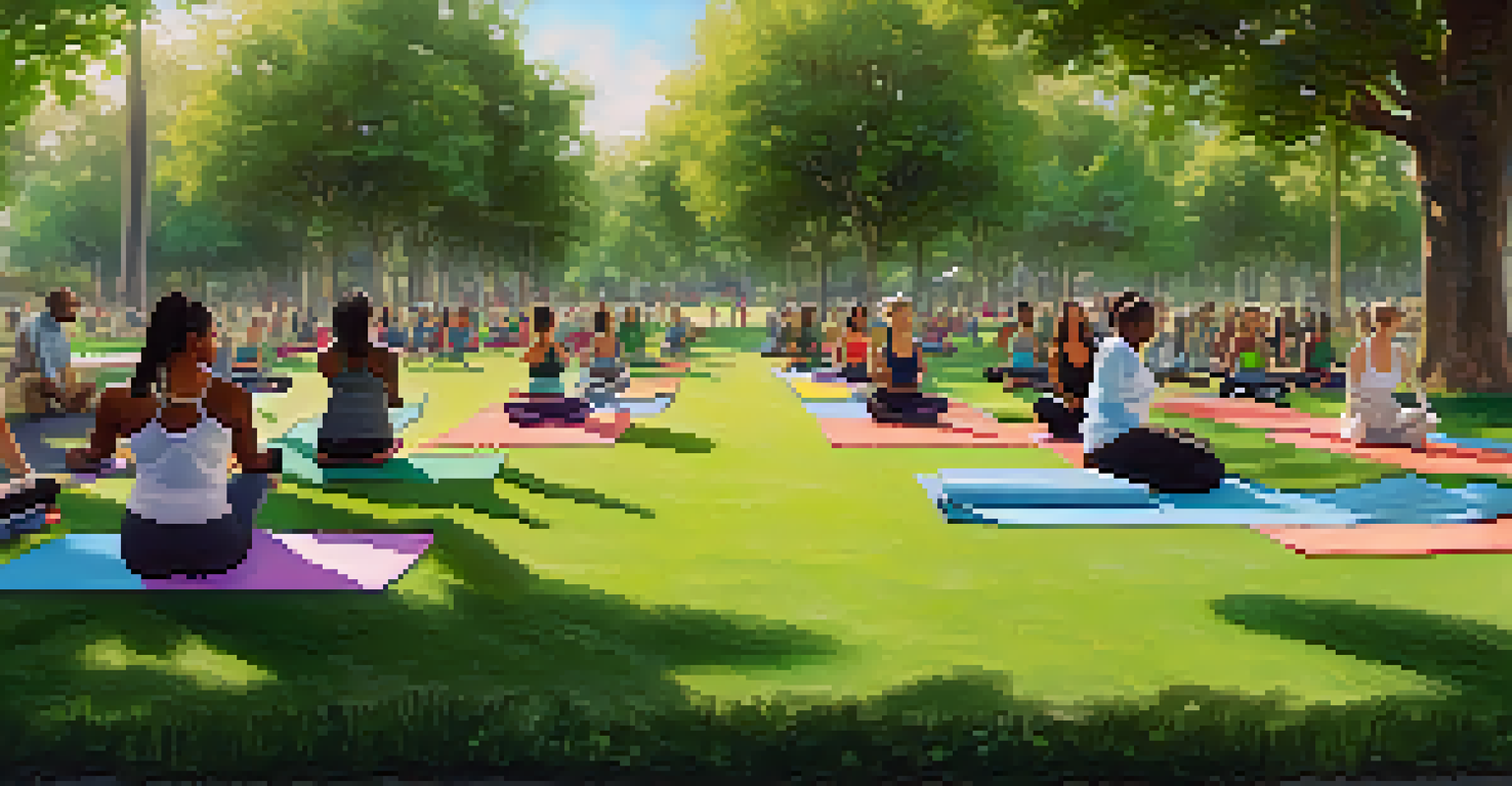 A diverse group participating in an outdoor yoga class in a sunny park in Compton, surrounded by greenery and colorful mats.