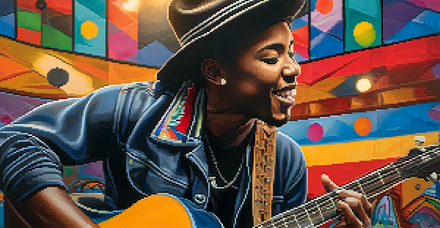 A local artist performing on stage in Compton, playing guitar and singing, with a vibrant mural in the background.