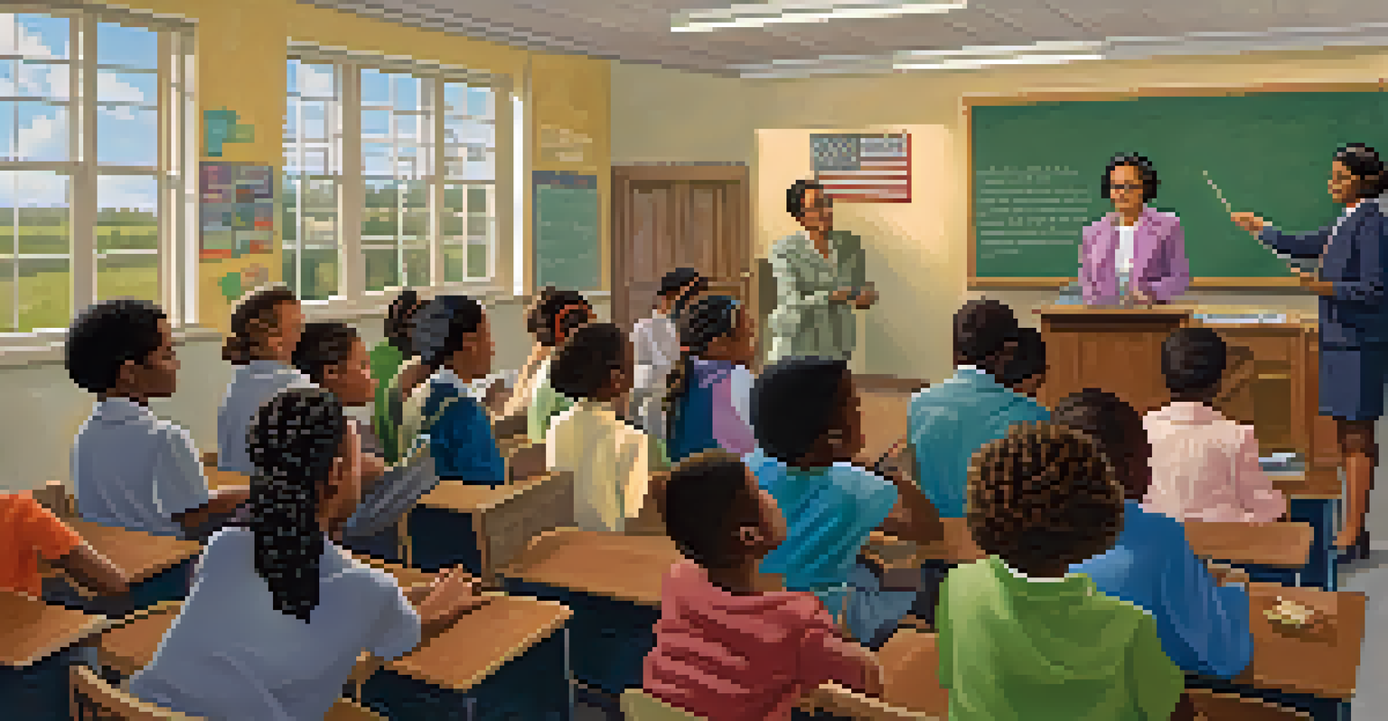 Students in a classroom learning about civil rights, with an image of Rosa Parks on the wall, showing diverse students participating and raising their hands.