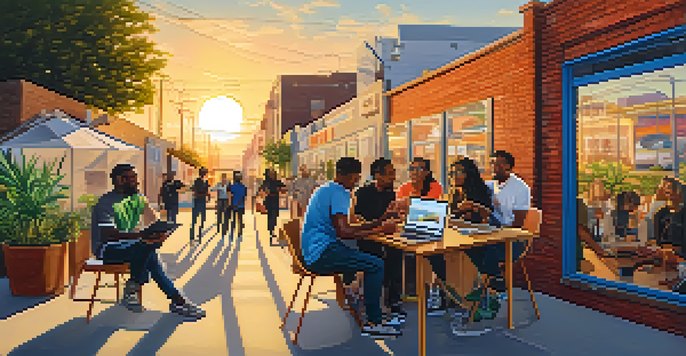 A lively street scene in Compton featuring a diverse group of tech entrepreneurs working together outside a co-working space, with colorful murals and greenery around.