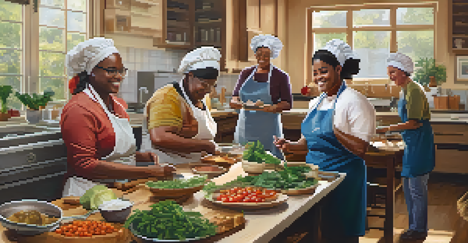 Residents in a cooking class engaged in preparing traditional dishes, with fresh ingredients and a warm, inviting kitchen environment.