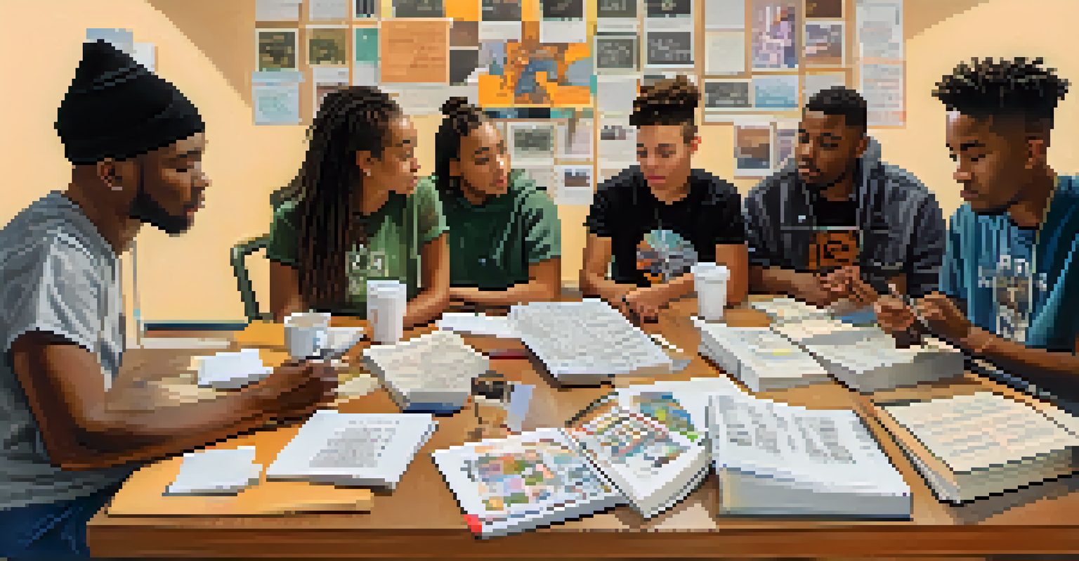 A group of young poets collaborating in a workshop at a community center in Compton, surrounded by poetry posters and art.