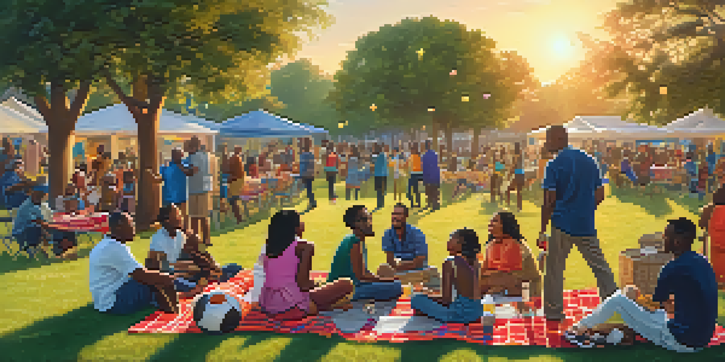 A lively community gathering in a park with diverse residents enjoying food and music, children playing, and sunset lighting.
