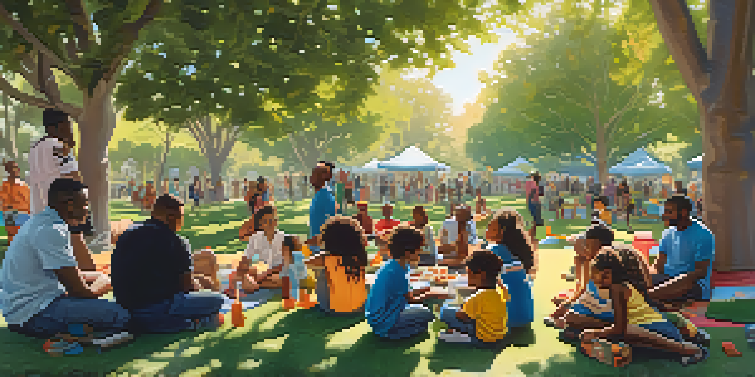 A lively park gathering in Compton with residents sharing food and conversations, surrounded by colorful banners and art, bathed in soft sunlight.