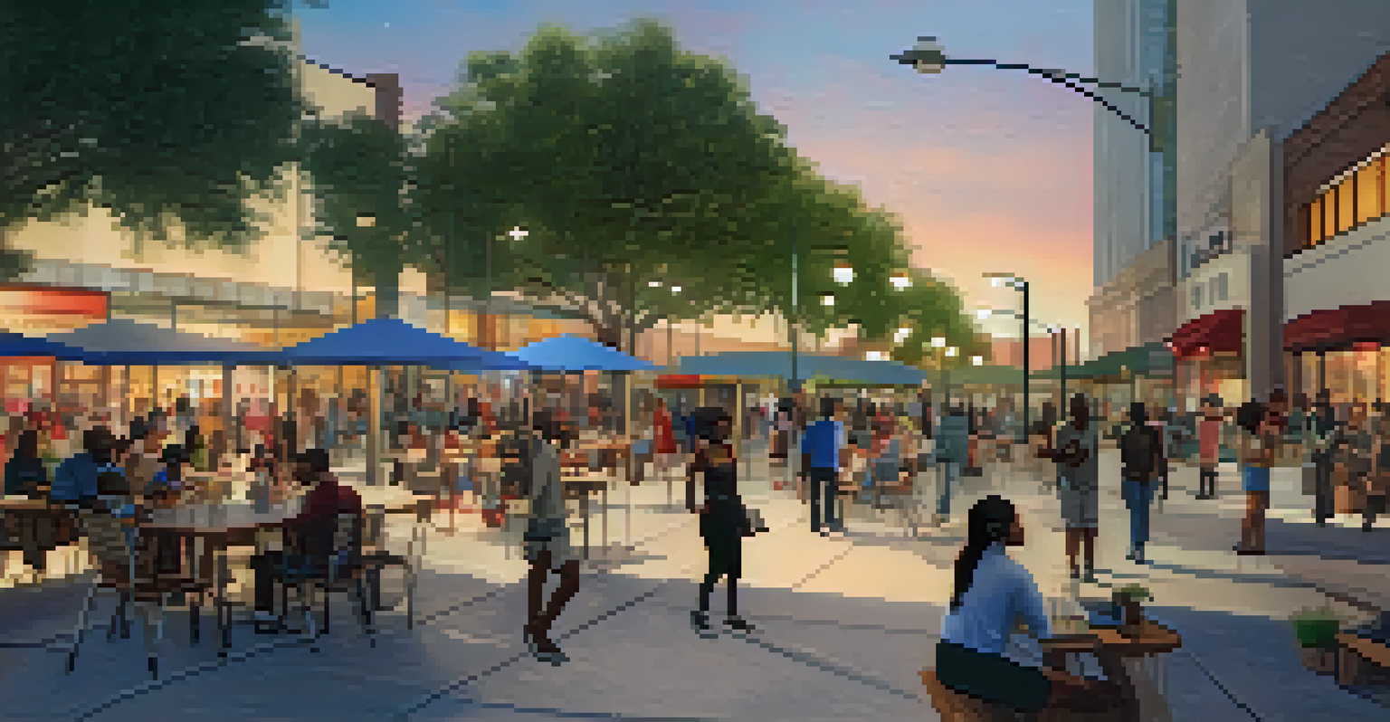A bustling public plaza in downtown Compton with outdoor seating, art, and community interaction at sunset.