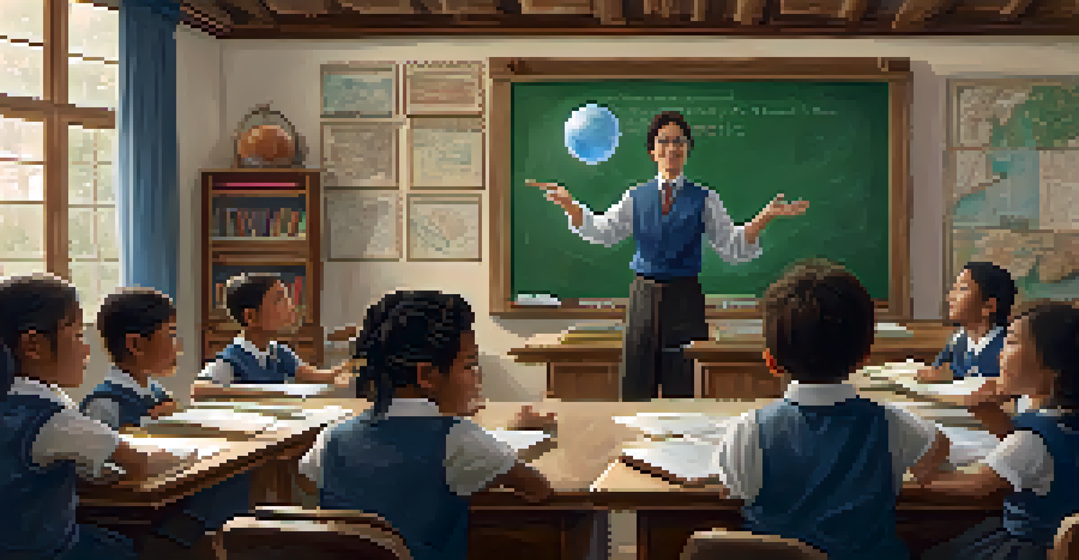 A teacher engaging students in a classroom discussion about global traditions, with a blackboard full of notes and a globe on the table, showcasing an atmosphere of curiosity.