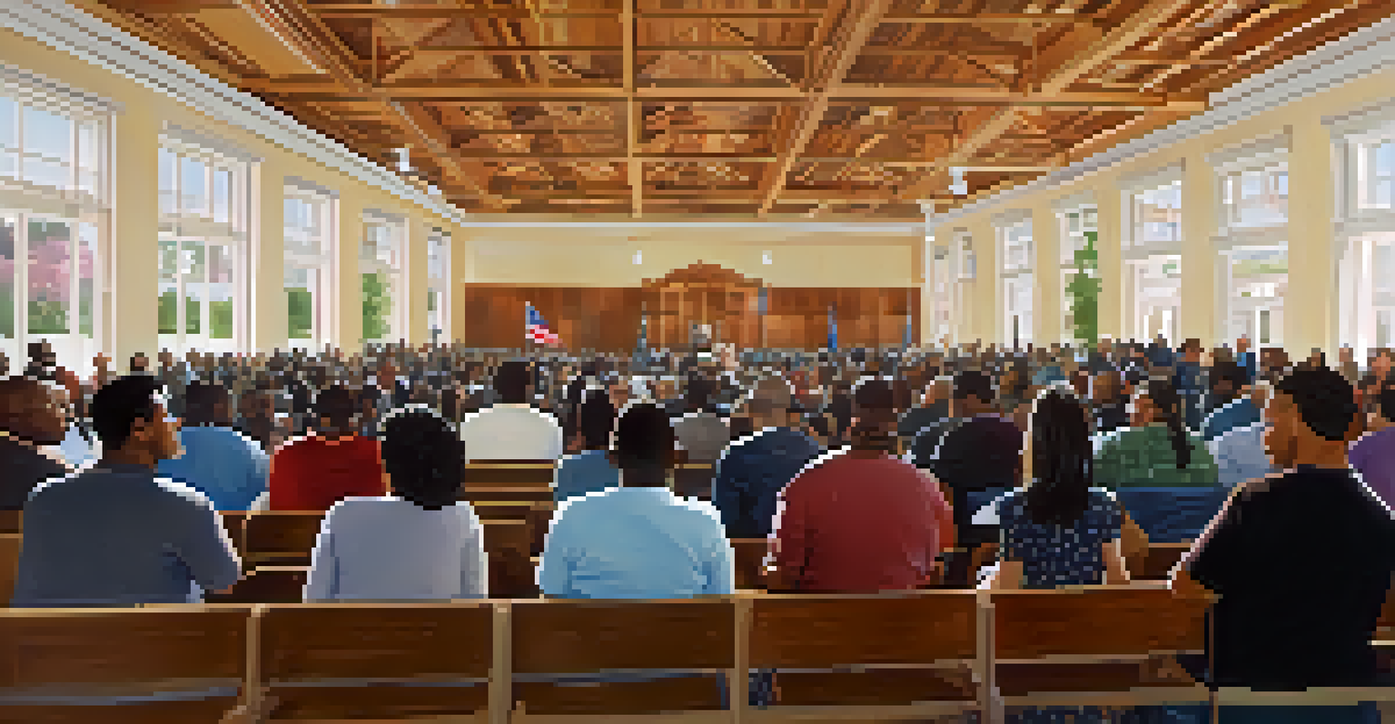 Inside Compton's City Hall during a public meeting, featuring diverse residents engaged in discussion with natural light illuminating the space.