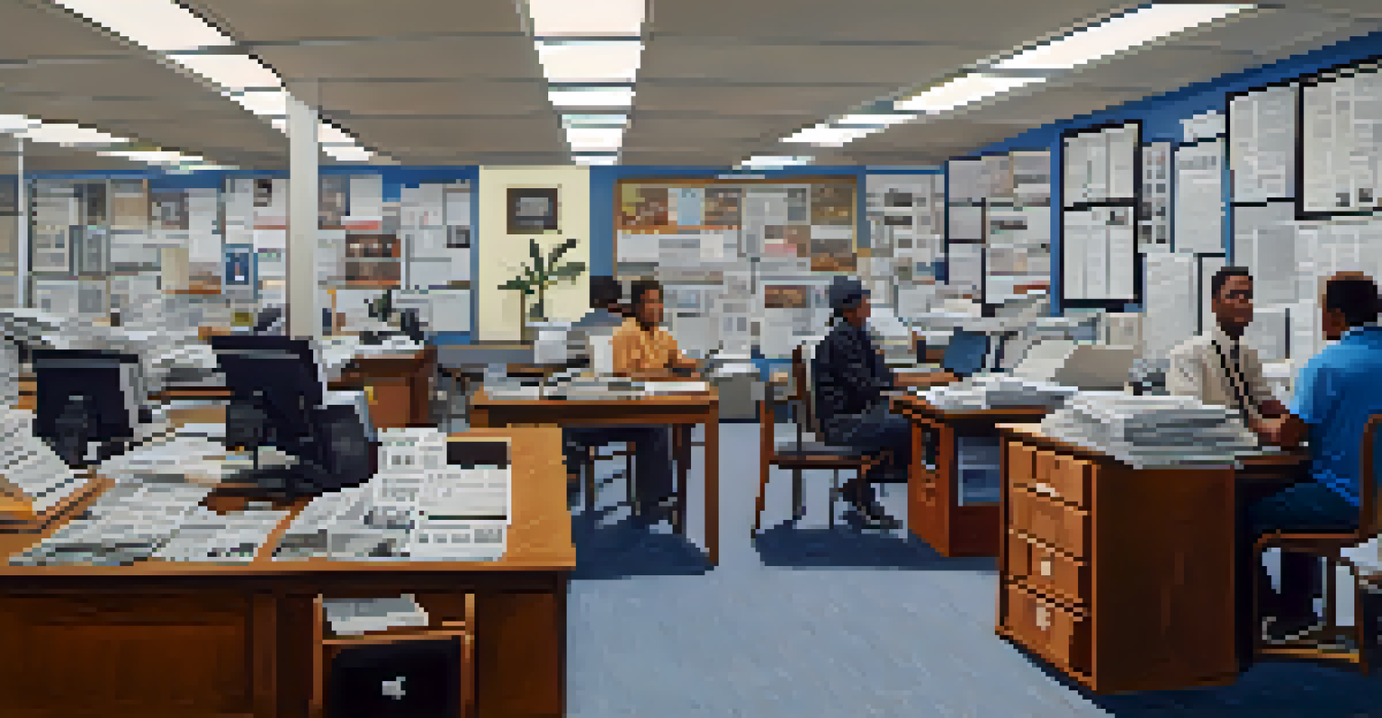 An active local newspaper office with journalists working, interviewing, and surrounded by framed editions of the newspaper.