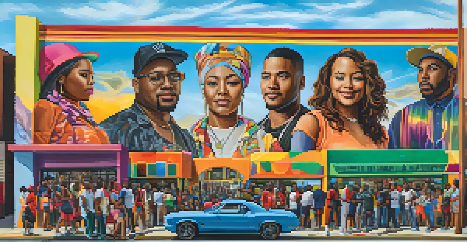 A colorful mural in Compton created by local artists, depicting themes of unity and empowerment with figures and symbols.