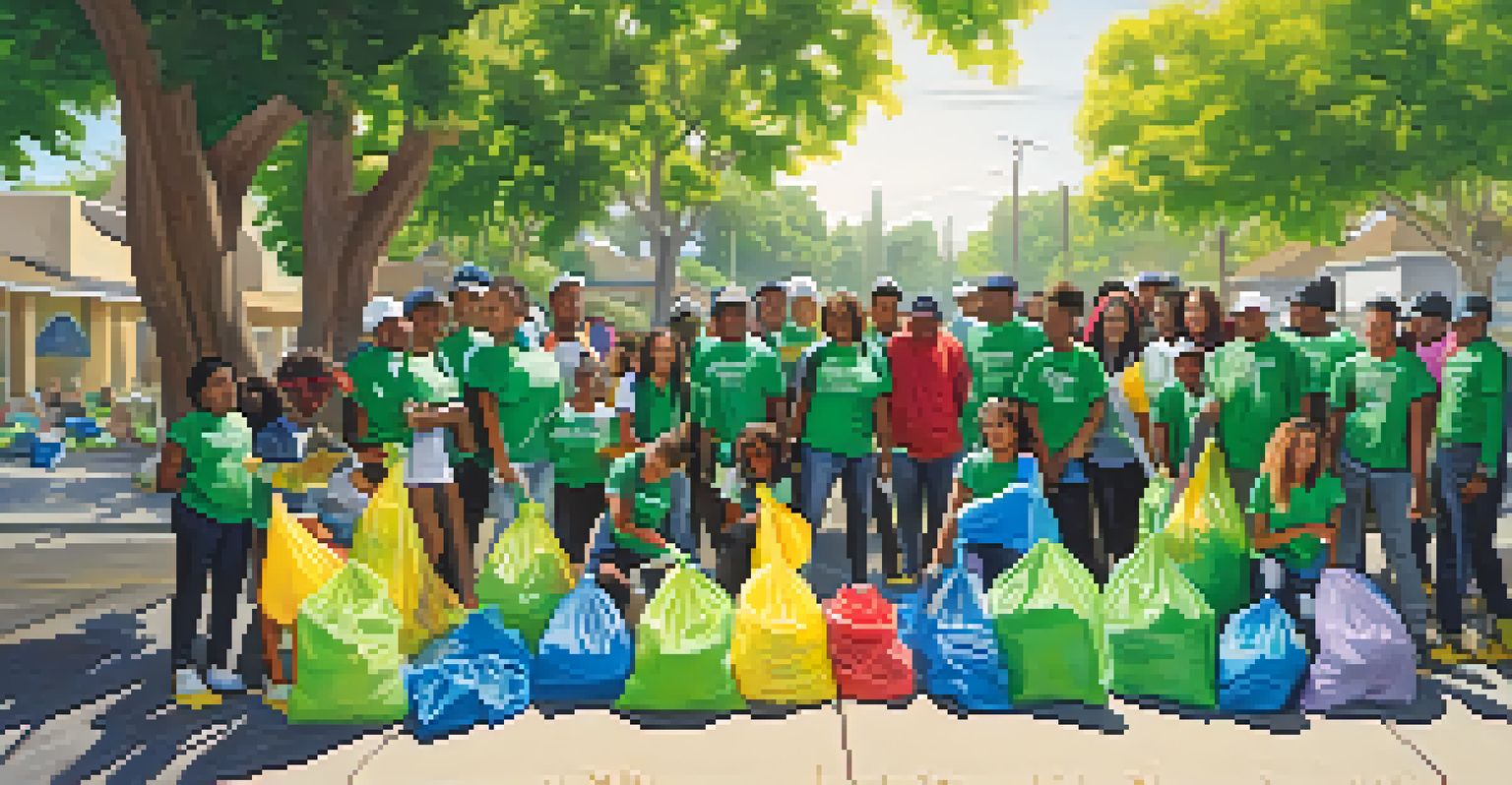 Youth activists in Compton collaborating to clean a local park, discussing health and environmental issues, surrounded by greenery and colorful trash bags.