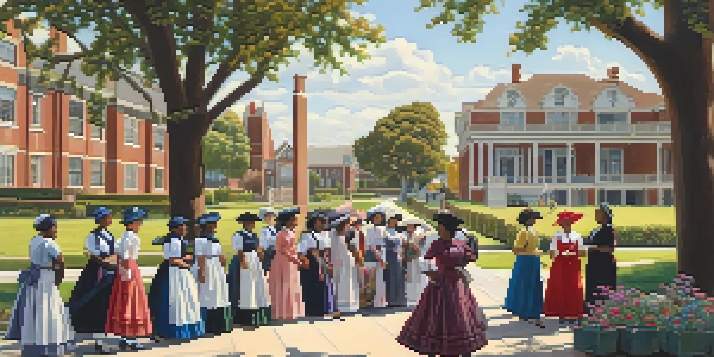 A historical depiction of women from Compton in the early 1900s, standing in front of a school on a sunny day.