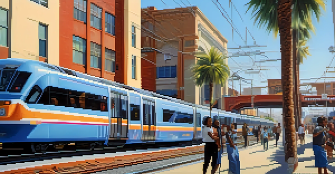 An urban street scene in Compton with a modern light rail system, colorful murals, palm trees, and residents at a busy train station.