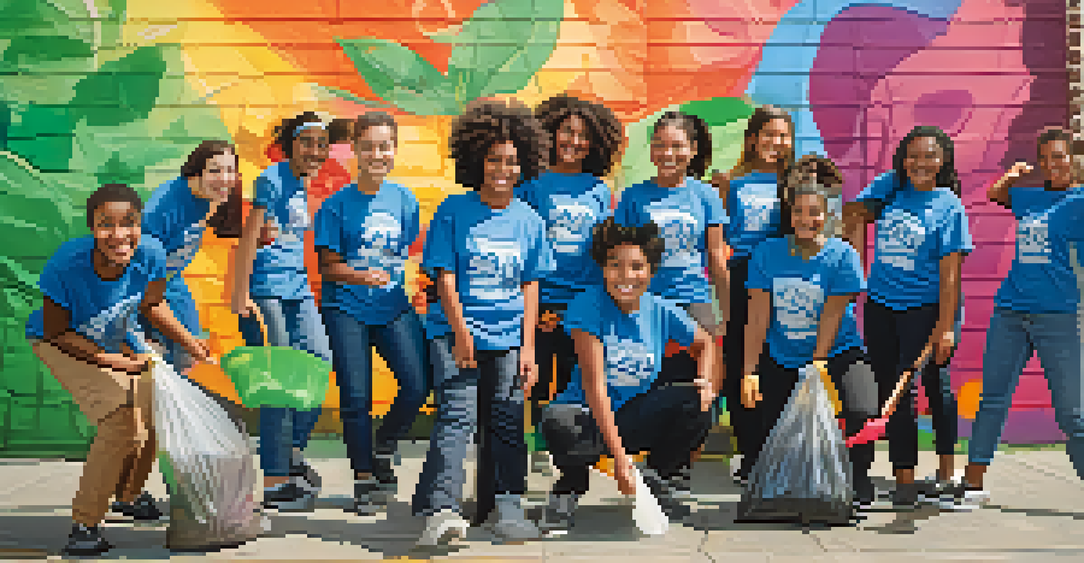 High school students engaged in a neighborhood clean-up, smiling and picking up litter with a mural in the background.