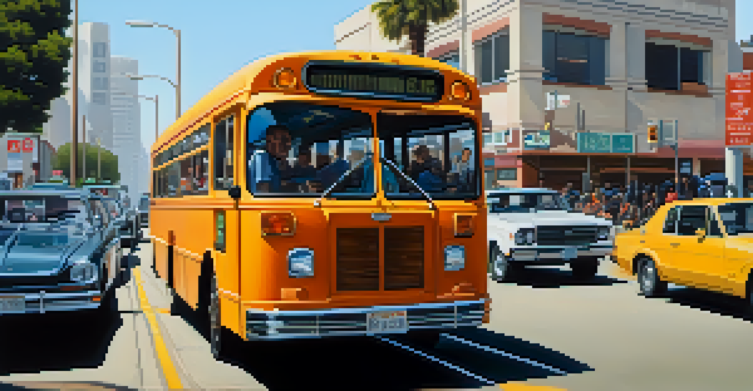 A busy street in Compton with traffic, buses, and cyclists, illustrating urban life and air pollution.