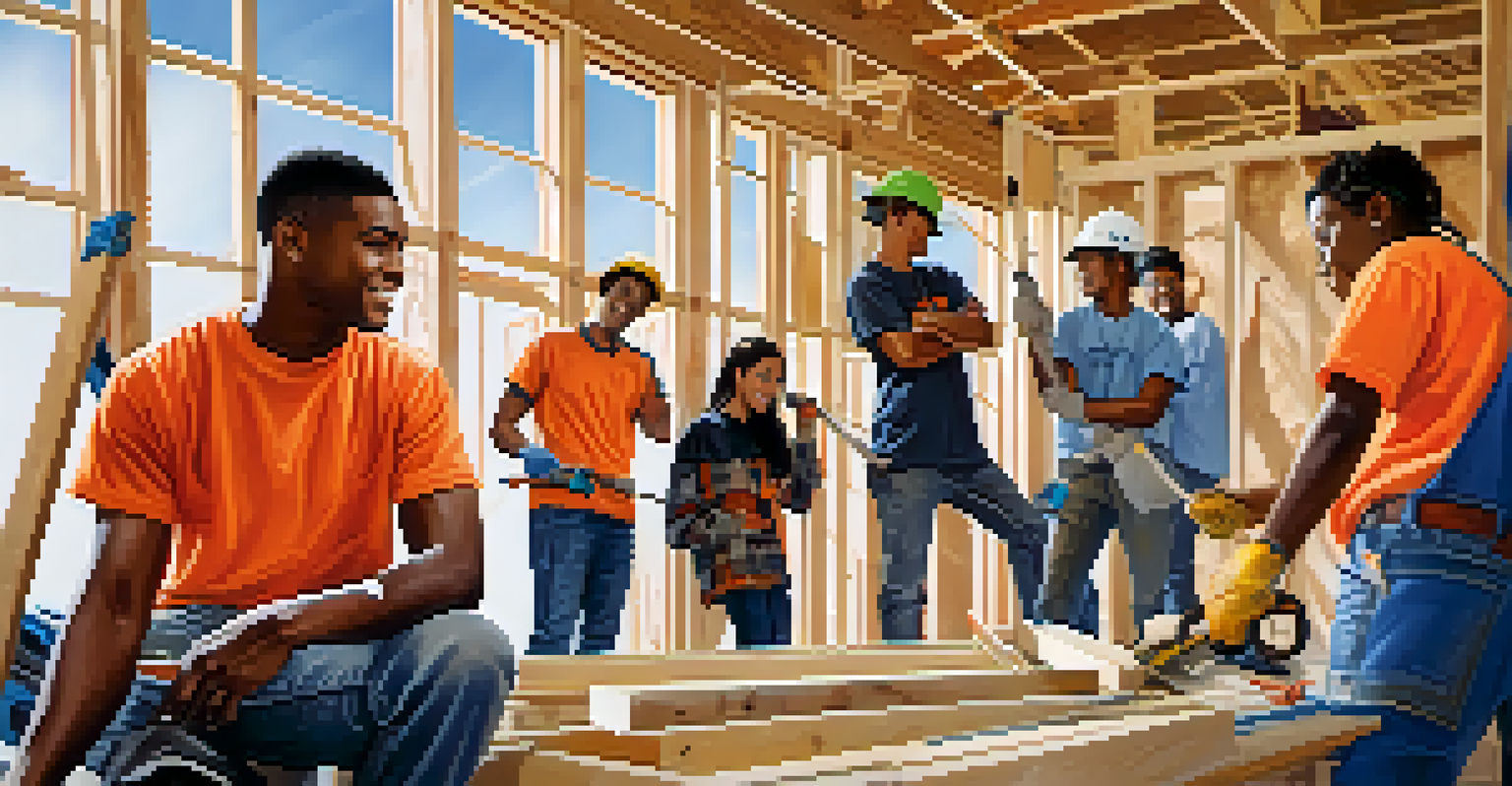 Young adults working collaboratively on a construction site as part of the Compton YouthBuild program, building a house.