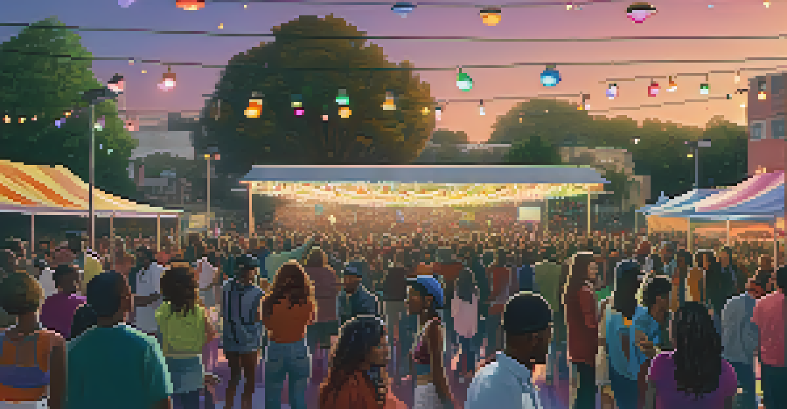 A lively outdoor music event in Compton, with a local band performing and a diverse audience dancing under string lights.