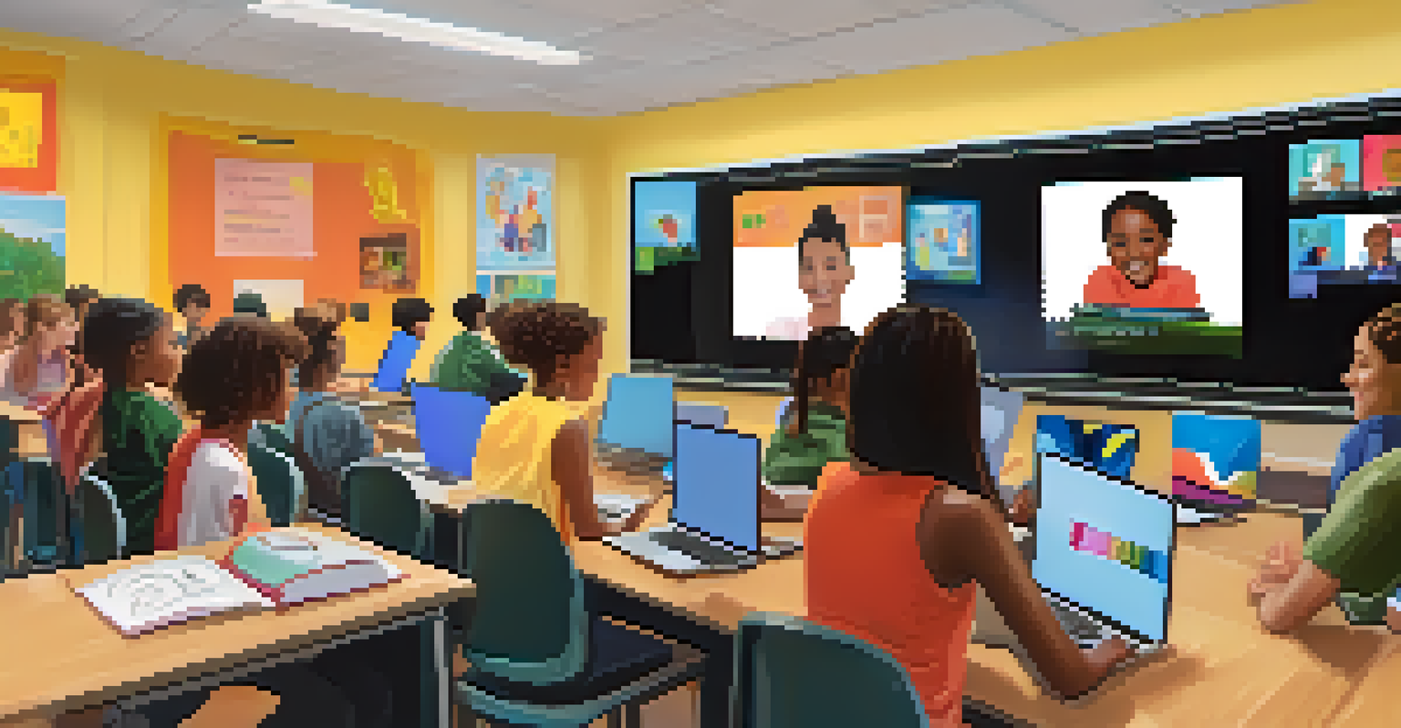 A student in a bright room engaging in a virtual group discussion on a laptop, with classmates visible on the screen.