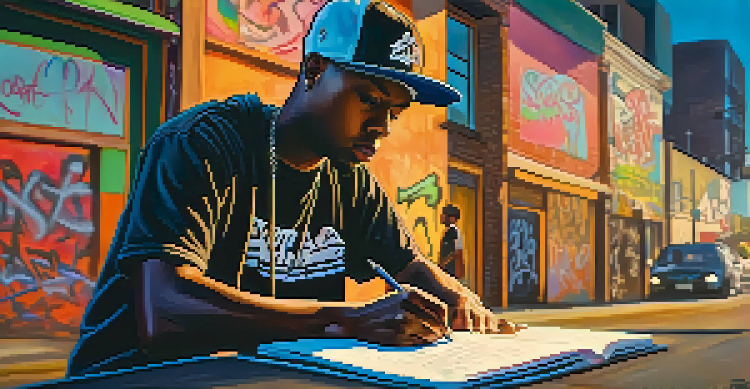 A young hip-hop artist in Compton, focused on writing lyrics in a notebook, with an urban background of street art.