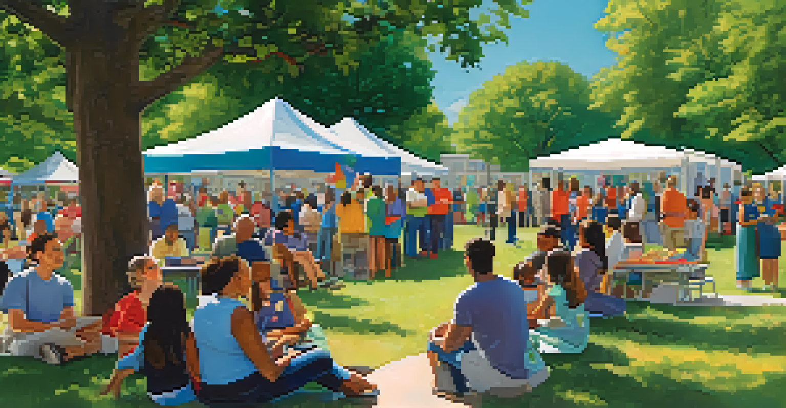 A community event in a park with parents, teachers, and organizations discussing education, surrounded by colorful banners and booths under blue skies.