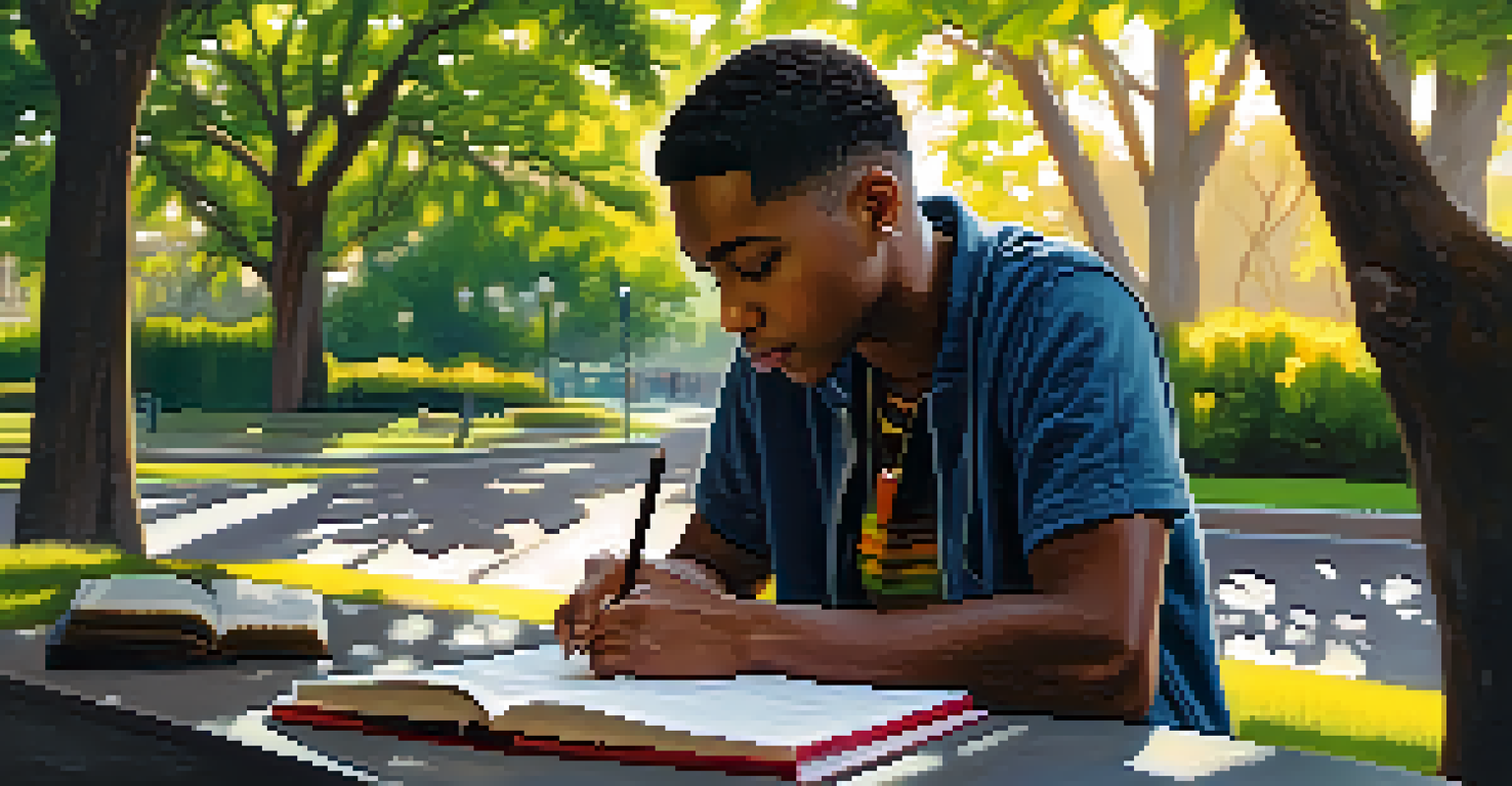 A young poet in a park in Compton, writing in a notebook with greenery and urban landscape in the background.