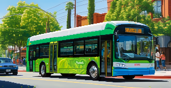 A colorful electric bus driving through a sunny street in Compton, with trees and happy passengers visible through the windows.