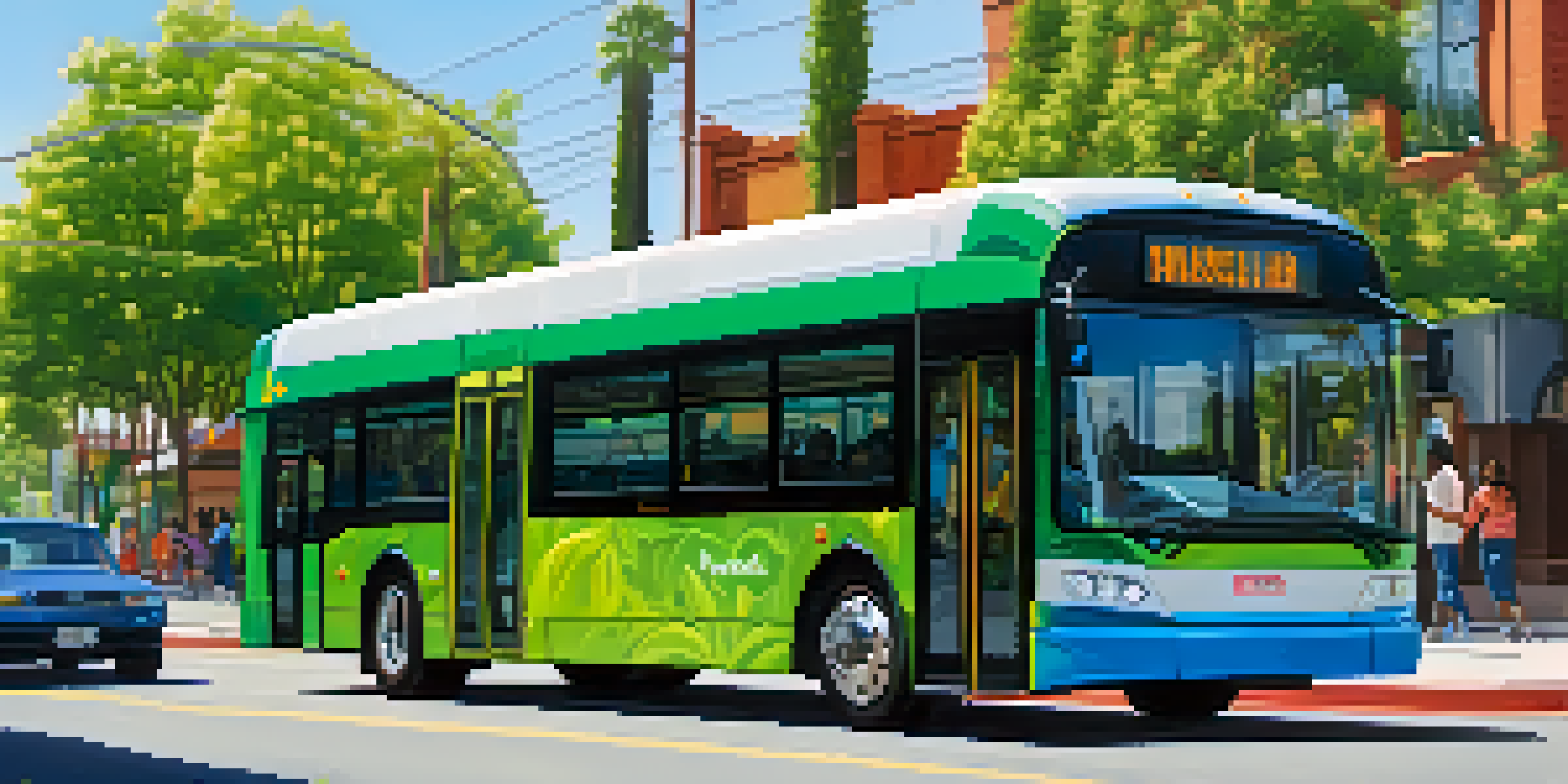 A colorful electric bus driving through a sunny street in Compton, with trees and happy passengers visible through the windows.