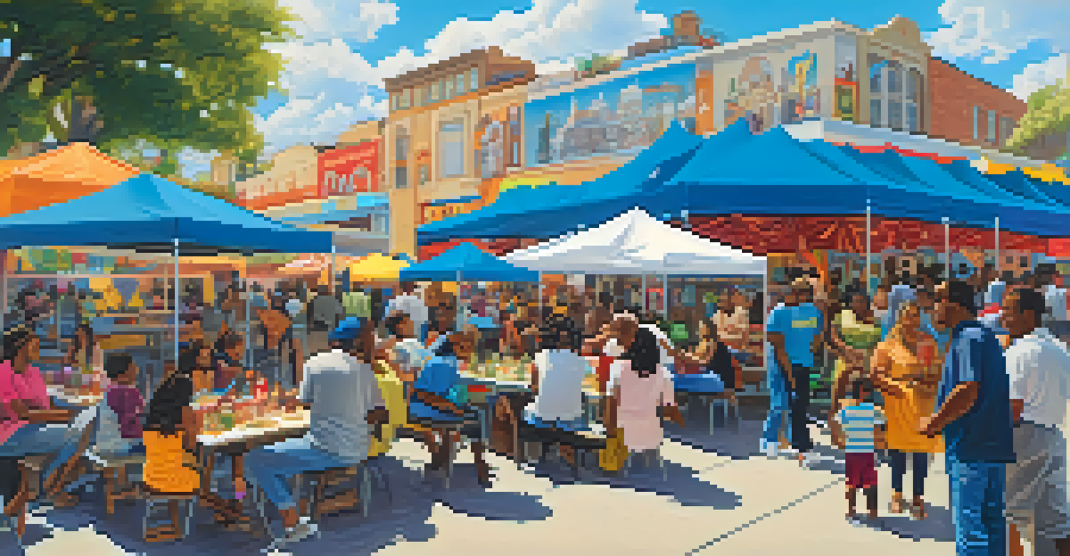 A lively community festival in Compton with diverse groups of people celebrating around colorful booths and vibrant murals.
