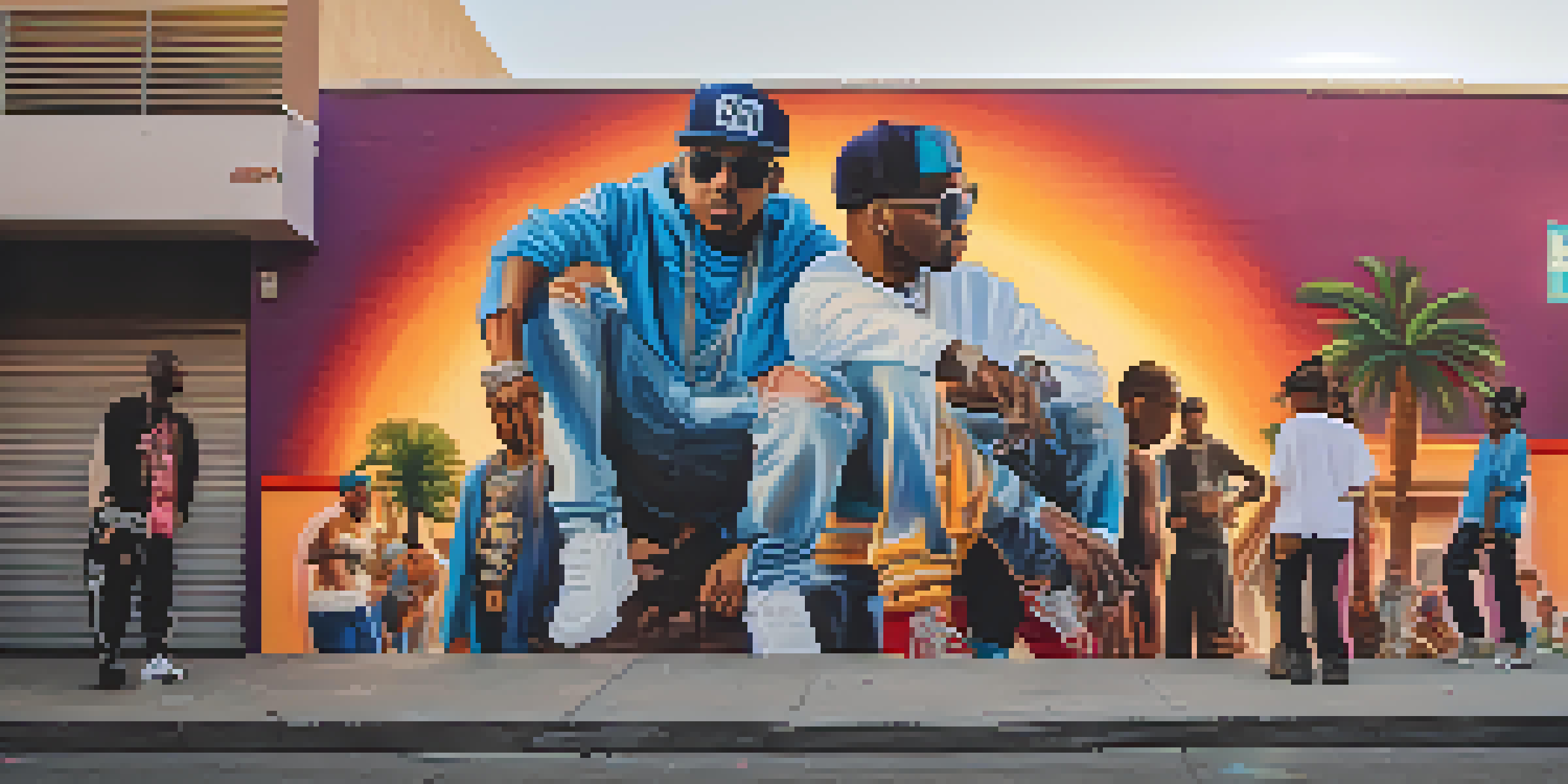 A colorful mural in Compton depicting famous hip-hop artists, with a sunset backdrop and palm trees.