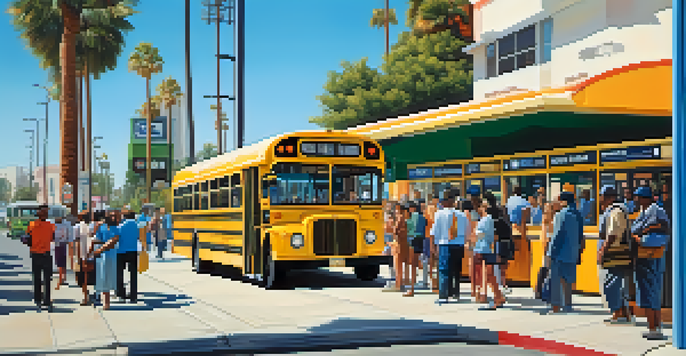 A busy bus stop in Compton with diverse people waiting, palm trees and a clear sky in the background.