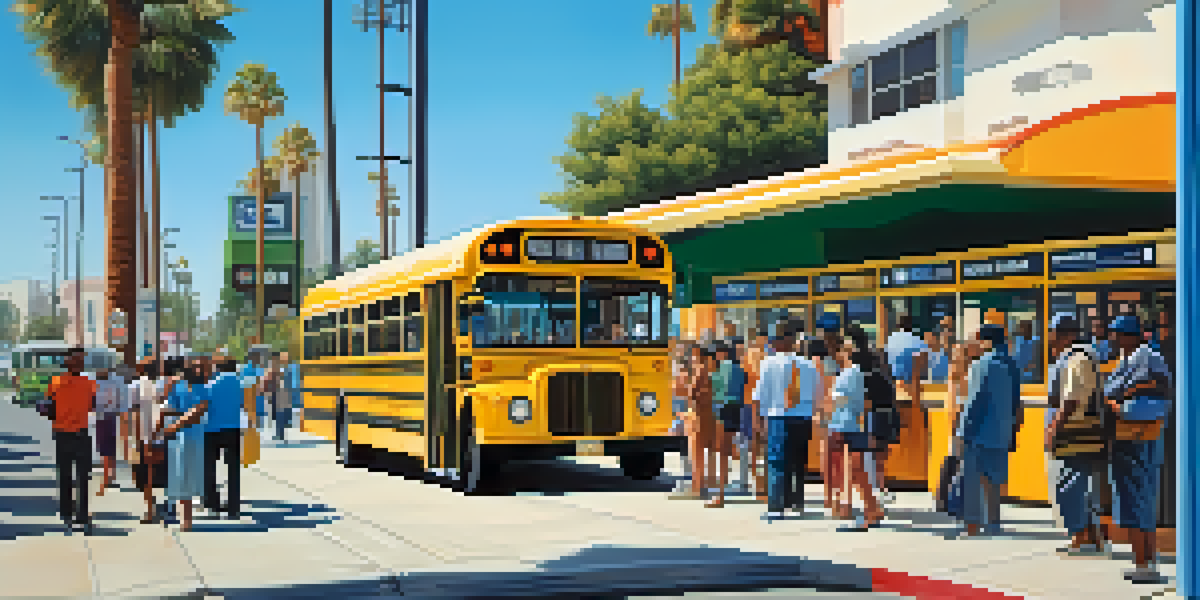 A busy bus stop in Compton with diverse people waiting, palm trees and a clear sky in the background.