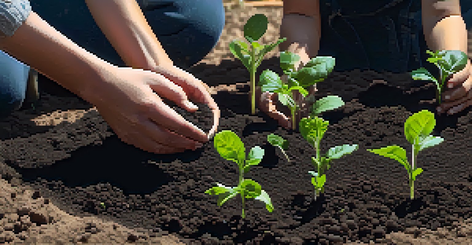 Close-up of hands planting seeds in dark soil, with seedlings emerging in the background, illuminated by soft morning light.