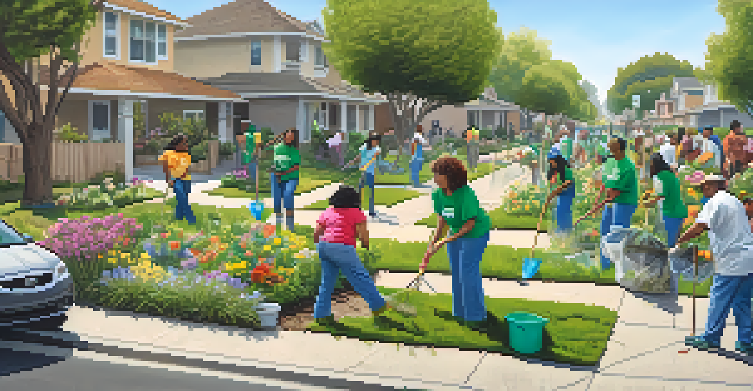 Residents of Compton of different ages participating in a neighborhood clean-up, surrounded by greenery and flowers.