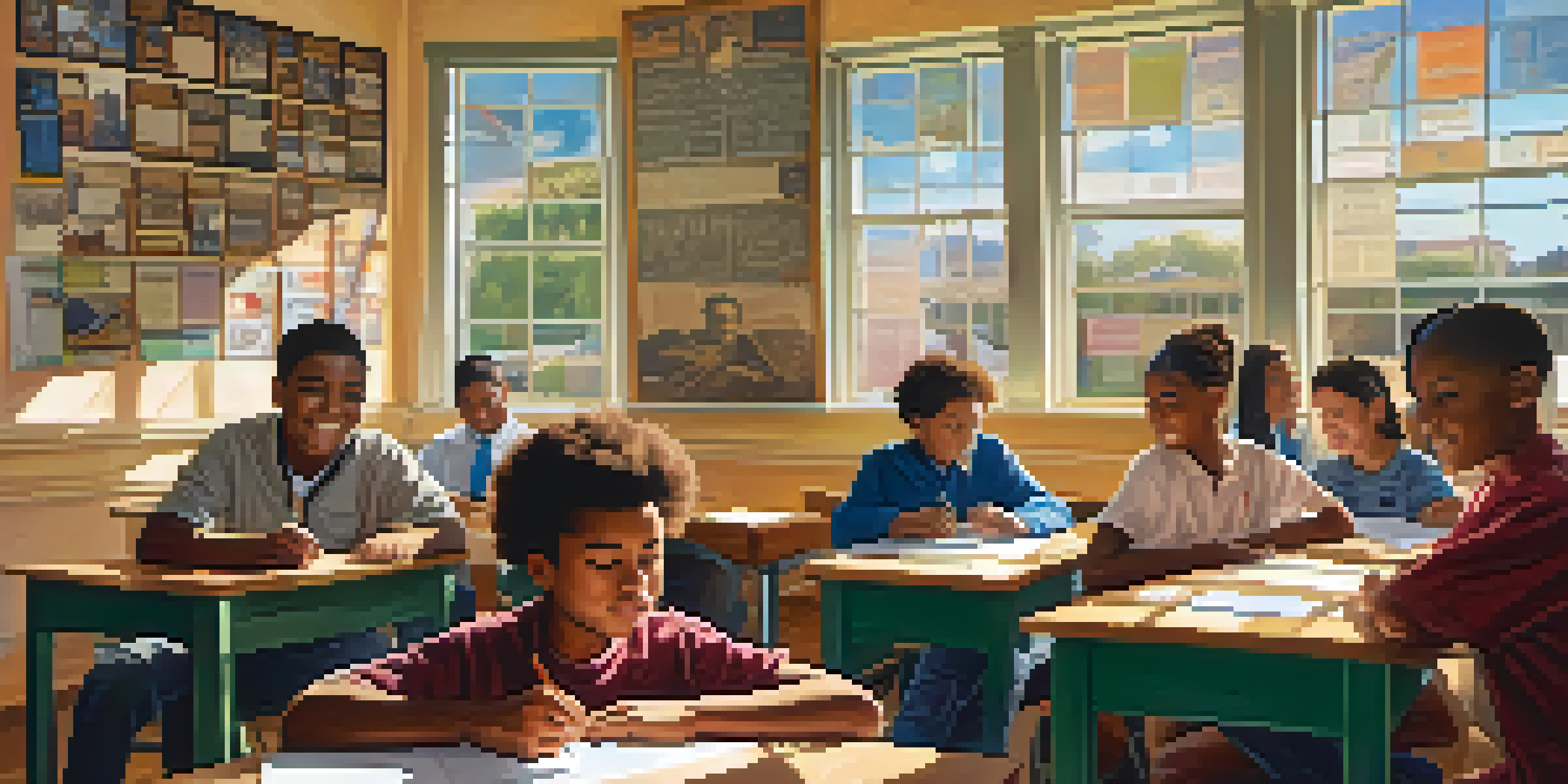 A group of diverse students collaborating in a bright classroom, surrounded by maps and historical posters about Compton.