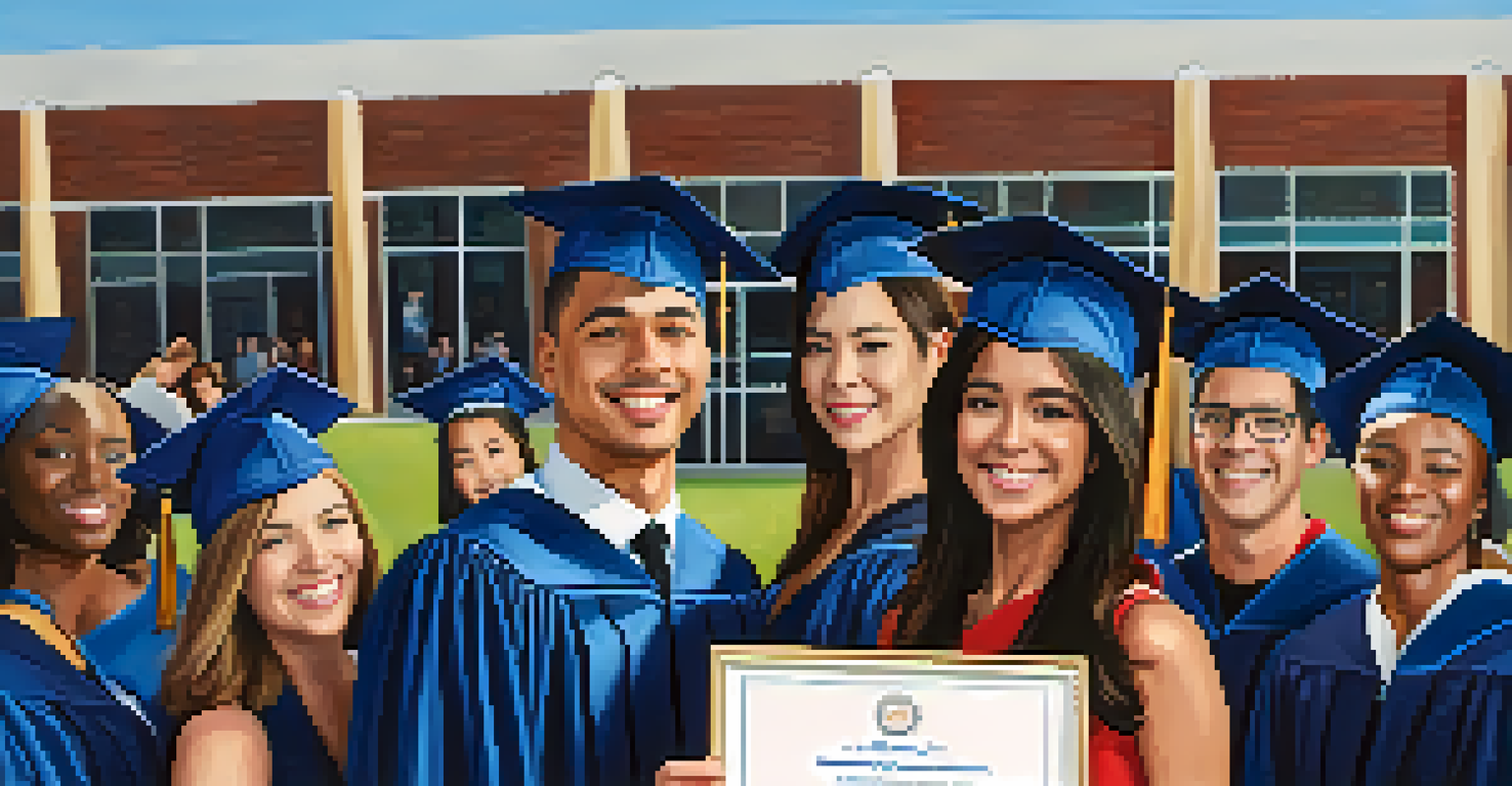 A proud graduate holding their diploma, smiling outside a community college, surrounded by supportive family and friends.
