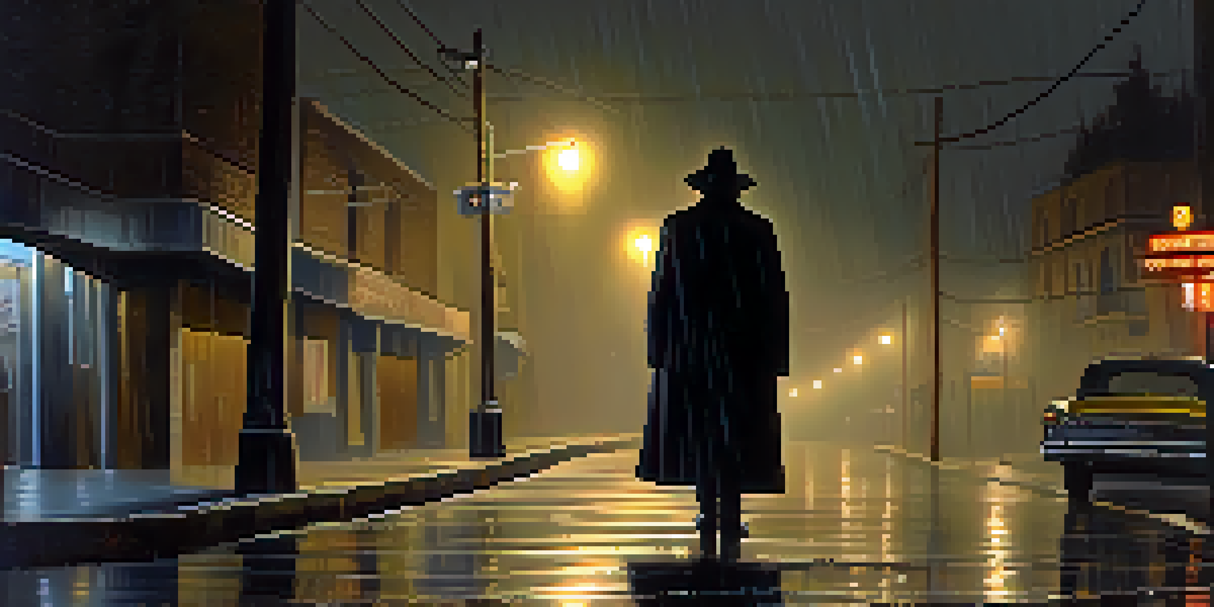 A foggy street at night with a shadowy figure resembling the Compton Vampire standing in the shadows, illuminated by dim street lamps.