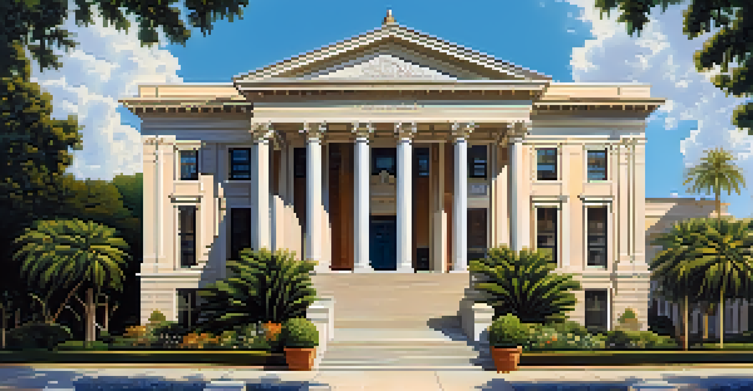 The Compton Courthouse with Classical Revival architecture surrounded by a lush garden under a clear blue sky.