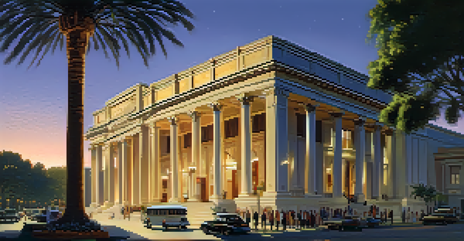 The Compton Civic Center beautifully lit at dusk, with warm lights illuminating its architecture and a crowd gathered outside enjoying the evening.