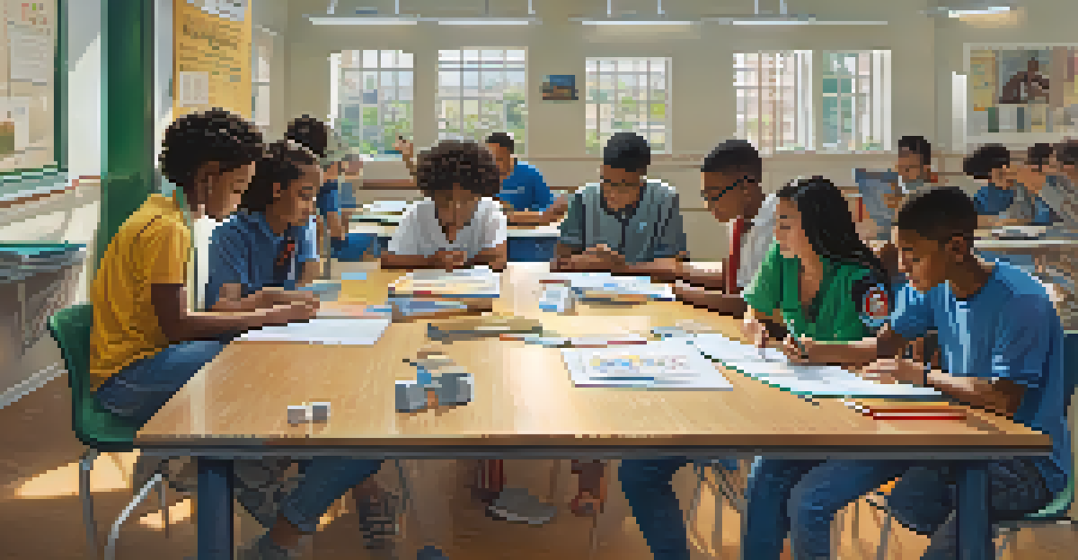 A group of diverse young individuals participating in a civic engagement workshop in a school environment, discussing and taking notes.