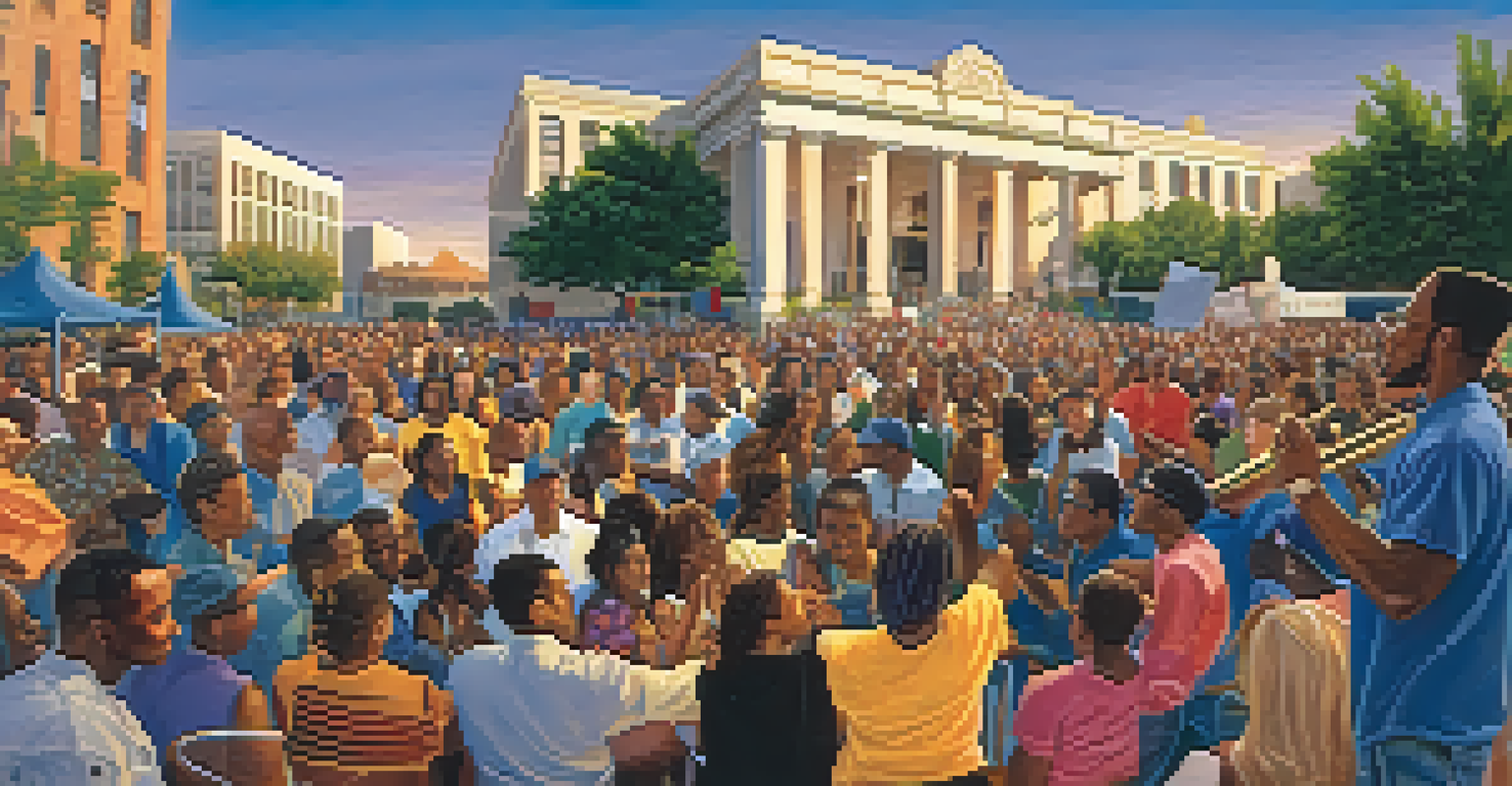 An outdoor concert at Compton Courthouse Plaza with a diverse group of musicians and an engaged audience dancing in a vibrant atmosphere.
