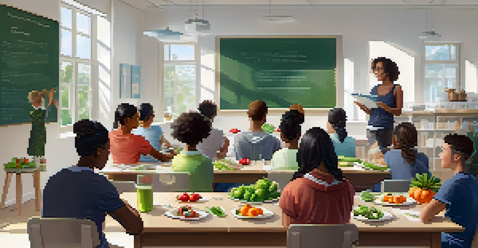 A classroom workshop with young people learning about nutrition, featuring fresh fruits and vegetables.