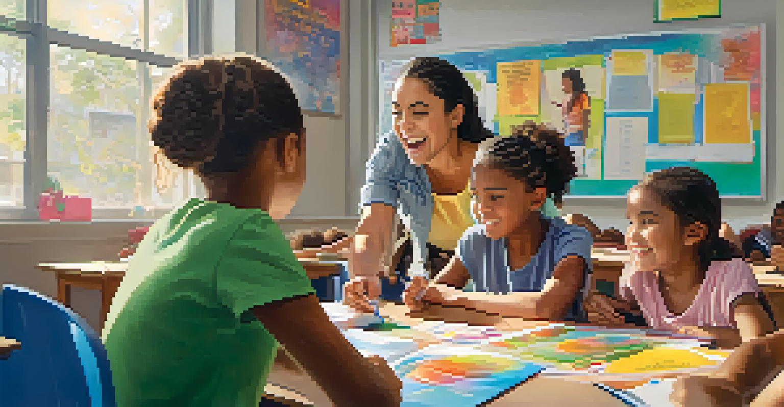 A female educator engaging with young girls in a colorful classroom, with posters and educational materials, creating a sense of empowerment.