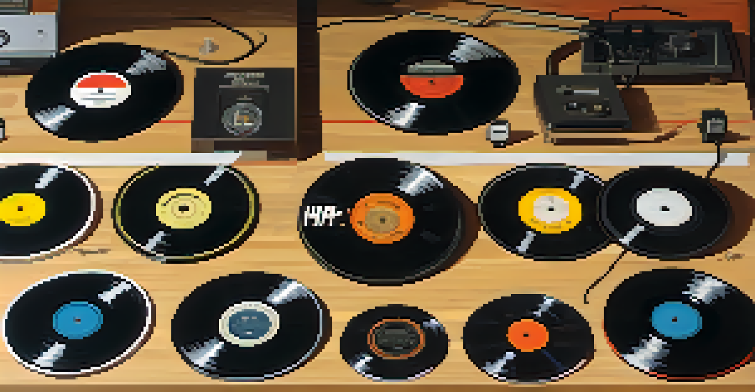 A close-up of a spinning vinyl record on a turntable, representing iconic Compton hip-hop artists.