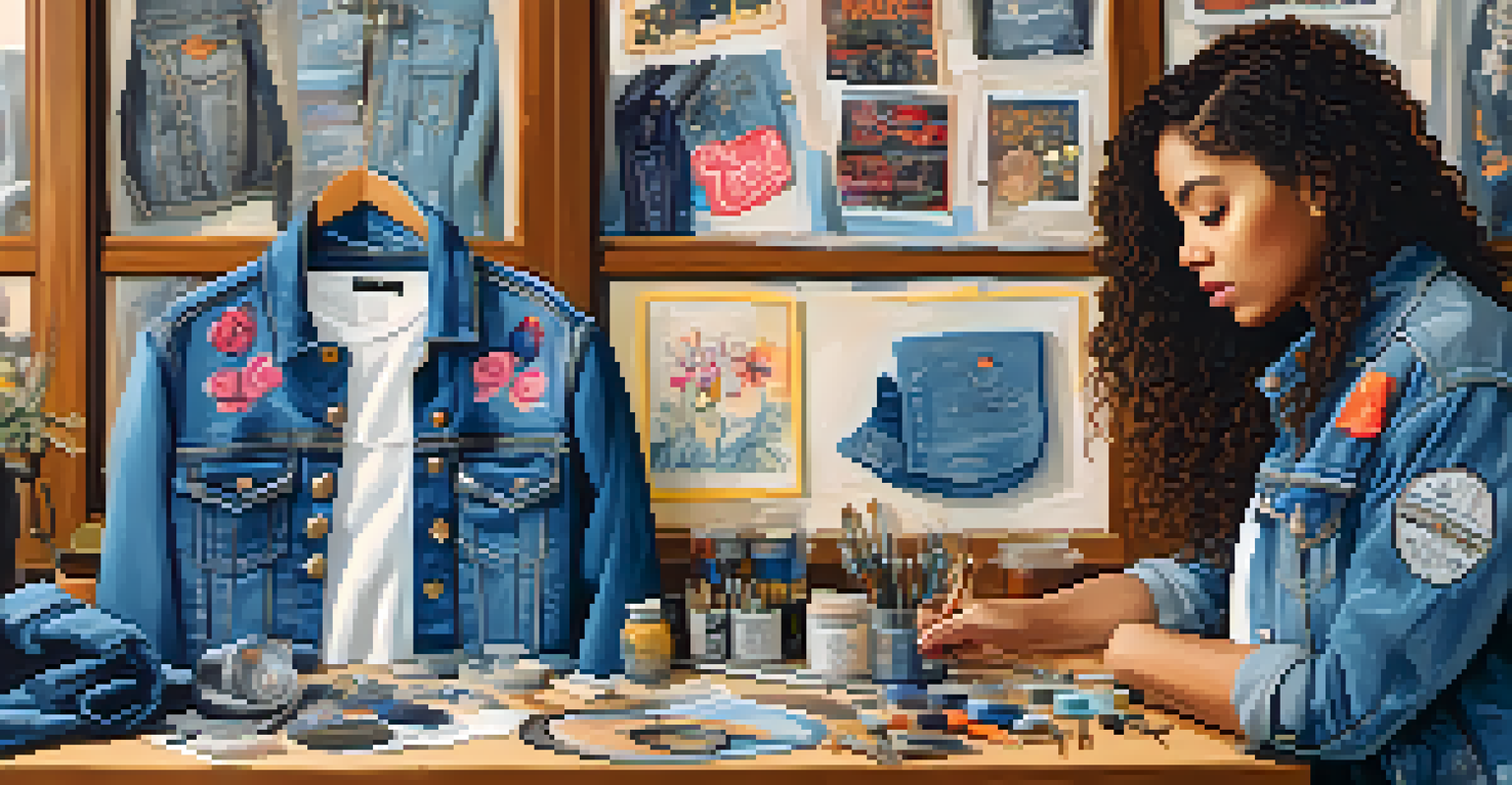 A young person customizing a denim jacket in a cozy workshop filled with fabric and paint.