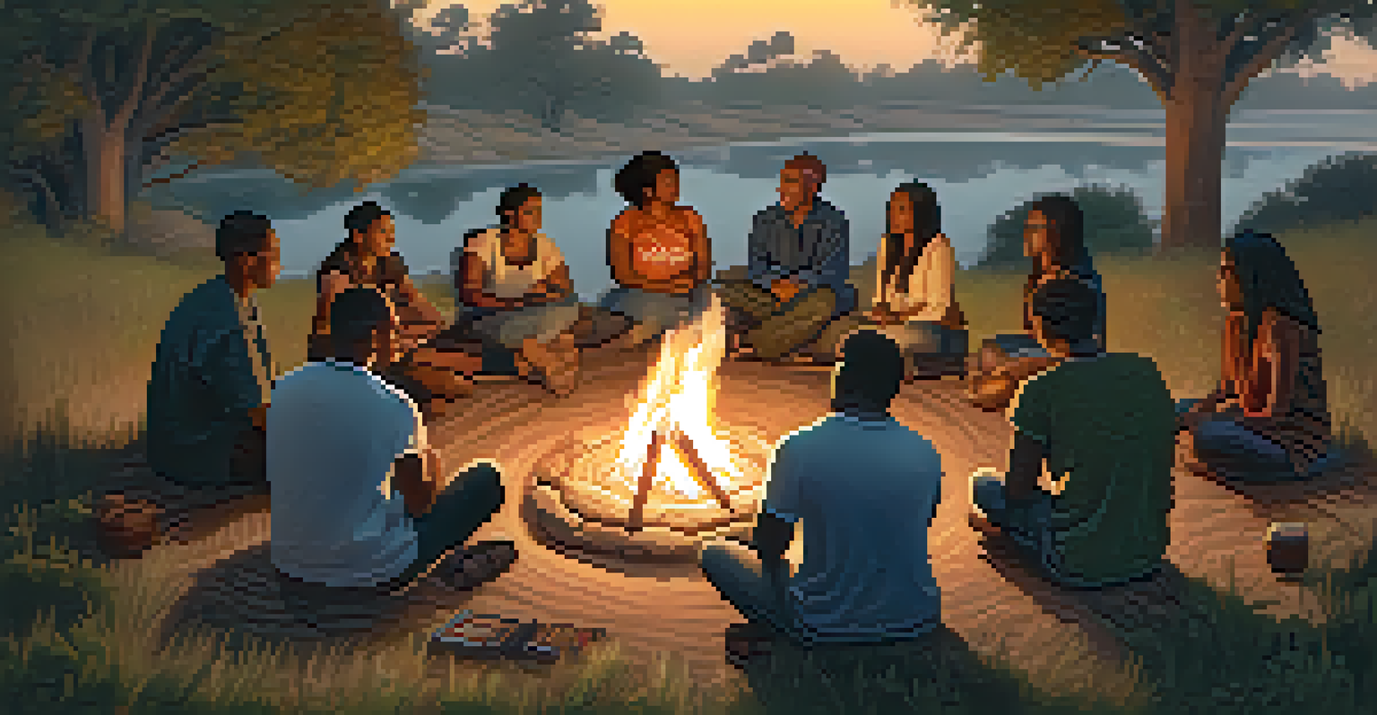 A community gathering for Indigenous Peoples' Day in Compton, with diverse individuals sharing stories around a fire.