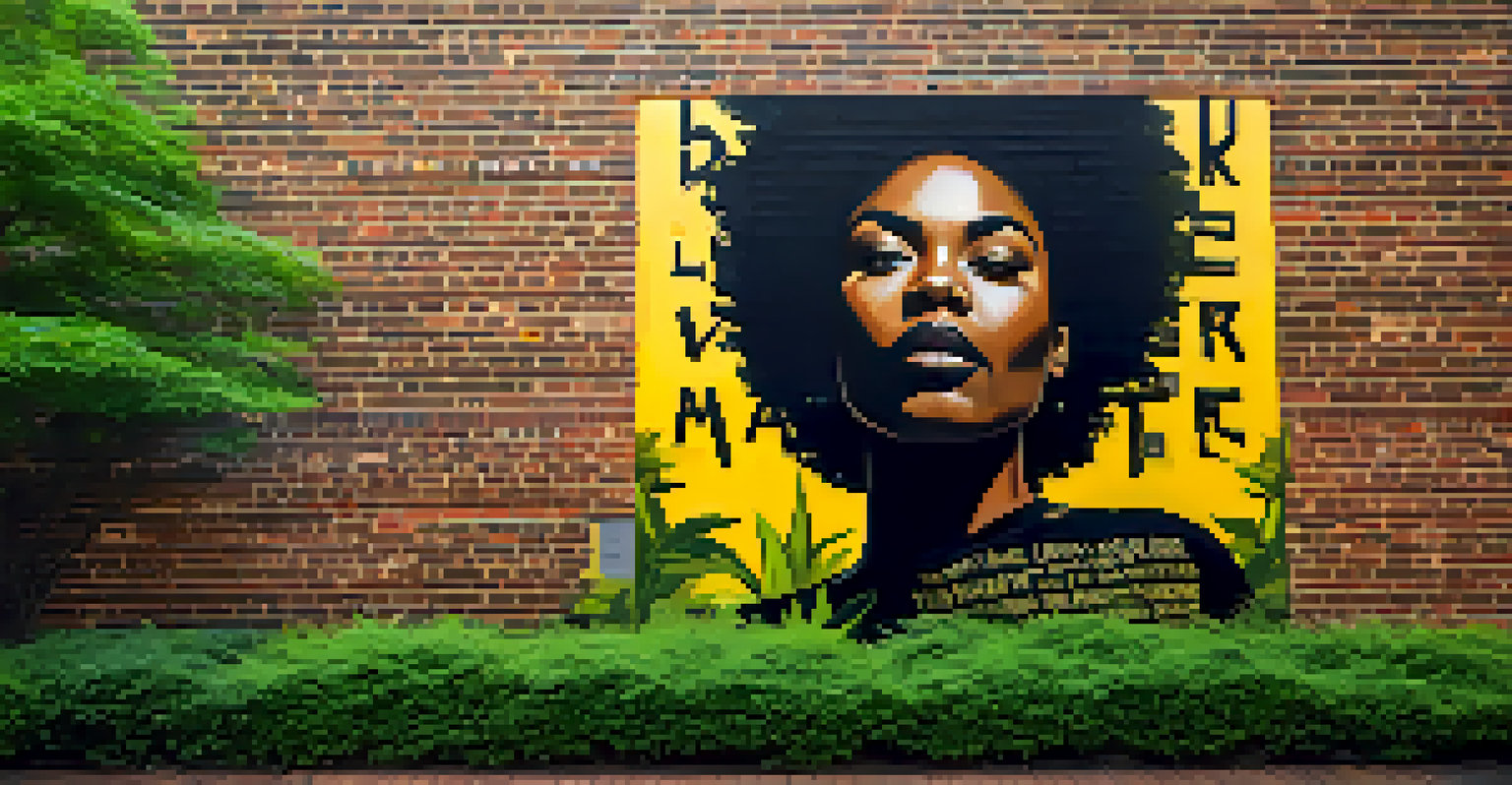 A striking mural depicting the 'Black Lives Matter' message on a brick wall, surrounded by greenery, symbolizing social justice.