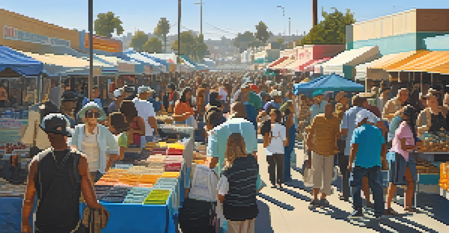A lively Compton Swap Meet with colorful stalls and shoppers enjoying local goods, illuminated by warm afternoon sunlight.