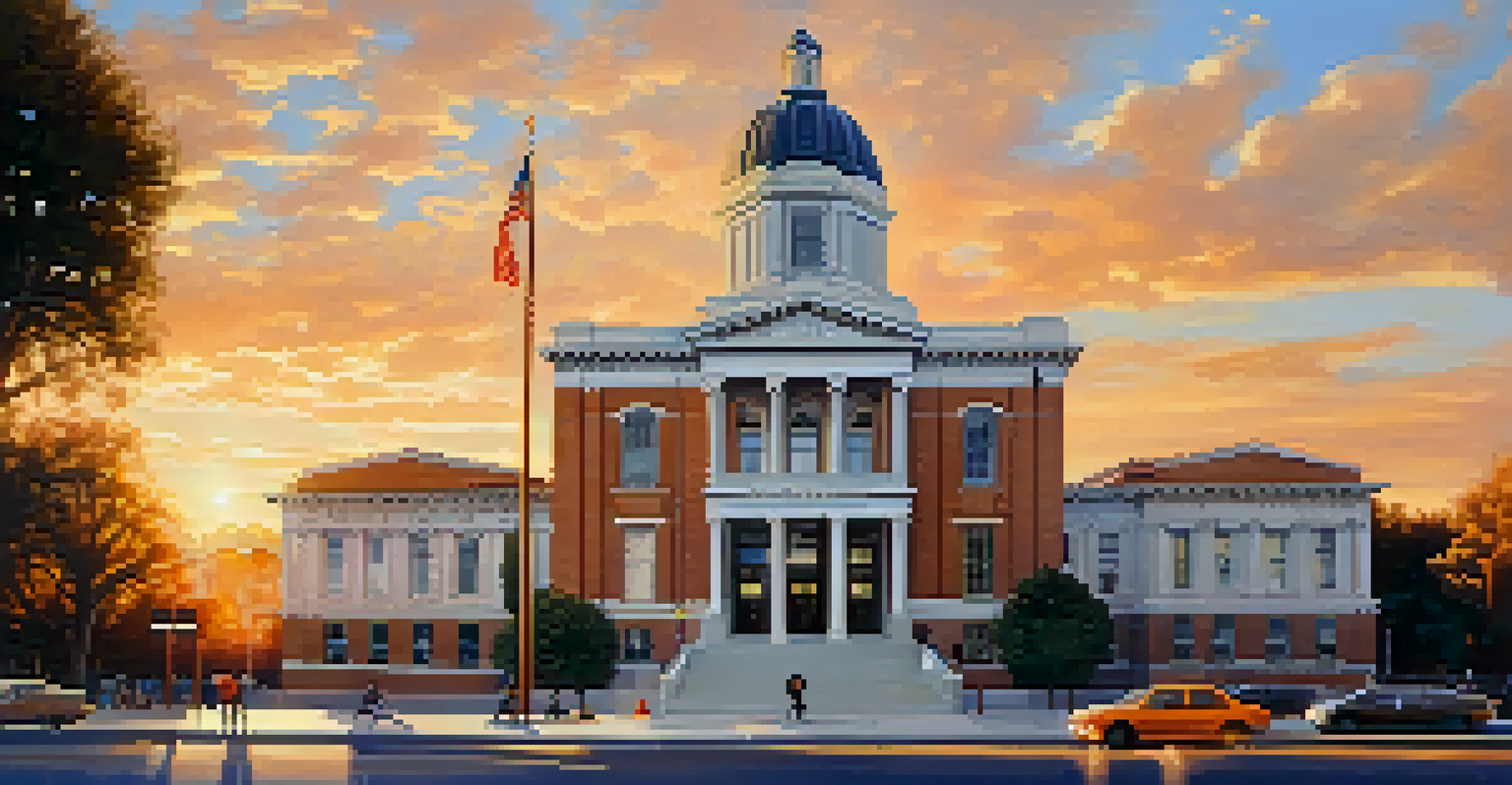 The Compton Courthouse at golden hour, with warm sunlight on its facade and people gathered outside.