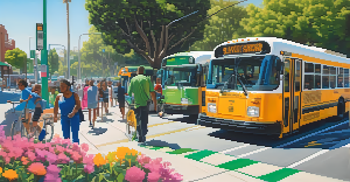 A lively urban street in Compton with electric buses, cyclists, and pedestrians enjoying a sunny day.
